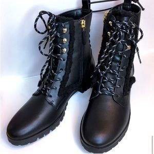 Kate Spade ♠️ Raquelle Womens 10 Black Leather Combat Boot Zip Faux Fur Lug Sole